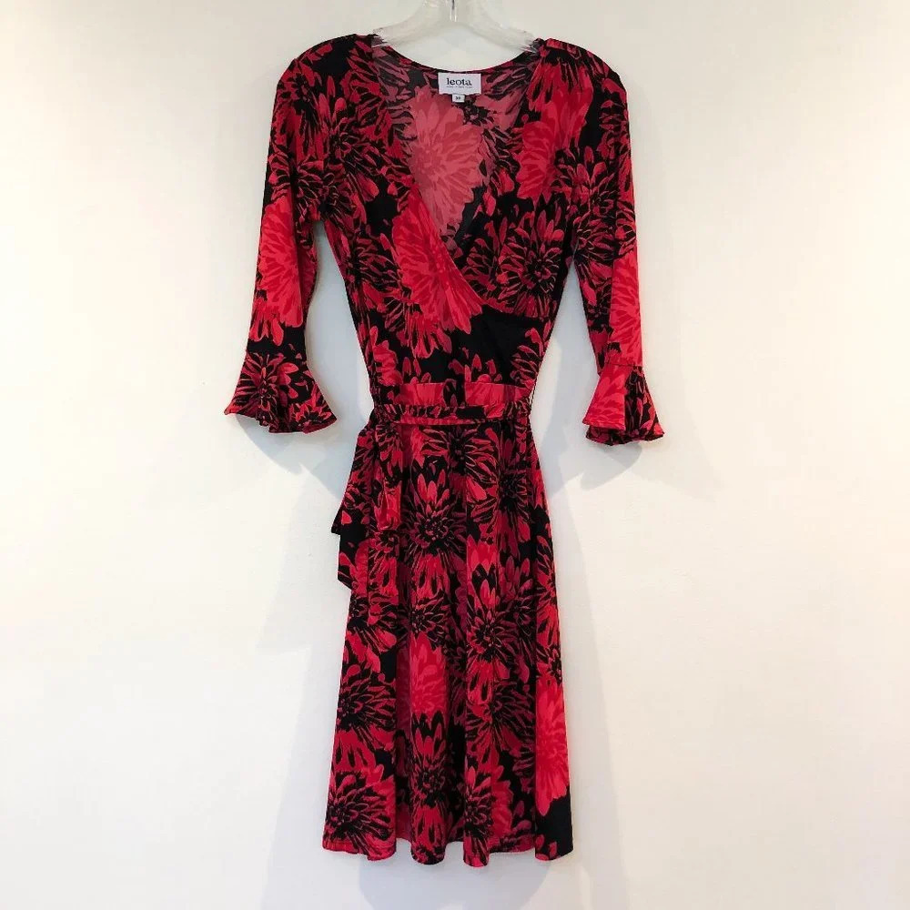Leota Red Floral Tie Front V Neck Midi Dress XS - Picture 3 of 7